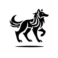 Majestic Wolf Silhouette: Black and White Animal Design. Perfect for logos, prints, and graphic projects.  A modern, minimalist vector illustration of a wolf in a stylish silhouette.