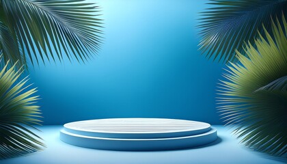 Fototapeta premium minimalistic tropical scene with a circular platform surrounded by using palm leaves on a serene blue historical past perfect for product presentations and summer season themed designs