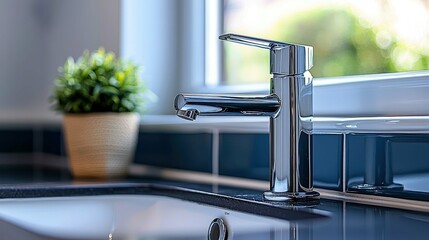 Fototapeta premium Sleek Chrome Faucet in Modern Bathroom: Interior Design Inspiration