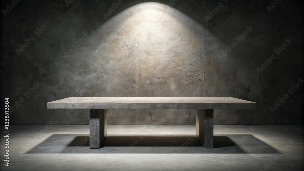 Poster empty concrete table against a textured wall illuminated by a single spotlight