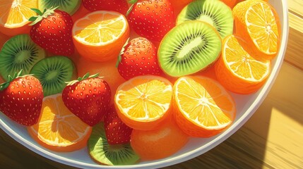 A vibrant bowl filled with sliced oranges, strawberries, and kiwifruit showcases the beauty of fresh, healthy snacks ideal for summer picnics or gatherings