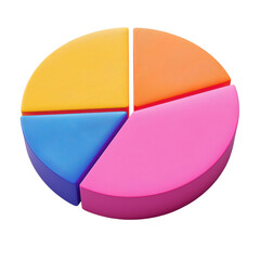 Obraz premium Colorful pie chart with four segments in yellow, orange, blue, and pink, representing data visualization and analysis