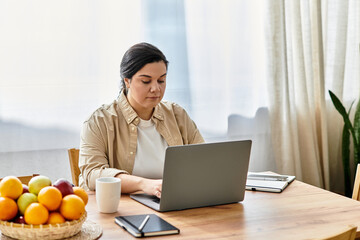 A beautiful plus sized woman works intently on her laptop at a wooden table with fruit.