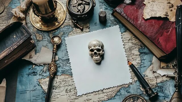Exploration of a vintage map with occult objects and a skull on a wooden table