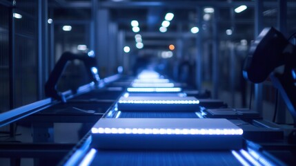 modern automated assembly line with sleek robotic arms, conveyor systems bathed in cool led lighting, focusing on precise mechanical movements and industrial efficiency