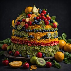 Imagine a cake made entirely of fruits and vegetables. Describe it.

