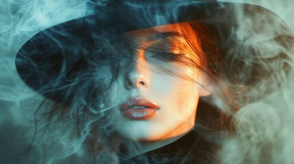 Ethereal woman with hat engulfed in swirling smoke captivating mysterious beauty portrait