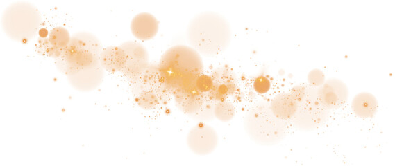 Glowing golden bokeh circles. Christmas background. Powder. Magic shining gold dust. Fine, shiny dust bokeh particles fall off slightly. Fantastic shimmer effect. PNG.