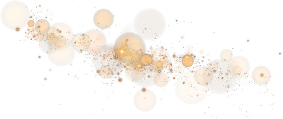 Glowing golden bokeh circles. Christmas background. Powder. Magic shining gold dust. Fine, shiny dust bokeh particles fall off slightly. Fantastic shimmer effect. PNG.