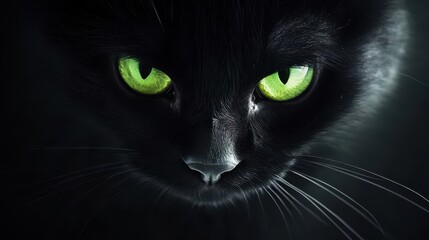 mysterious black cat with glowing green eyes, sleek fur texture, dramatic side lighting on pure white background, professional studio portrait