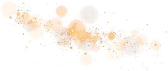 Glowing golden bokeh circles. Christmas background. Powder. Magic shining gold dust. Fine, shiny dust bokeh particles fall off slightly. Fantastic shimmer effect. PNG.