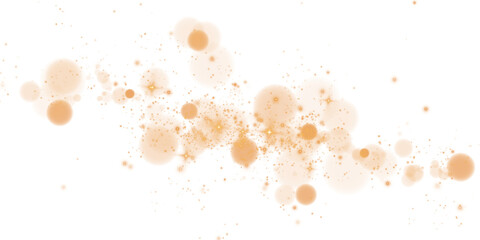 Glowing golden bokeh circles. Christmas background. Powder. Magic shining gold dust. Fine, shiny dust bokeh particles fall off slightly. Fantastic shimmer effect. PNG.