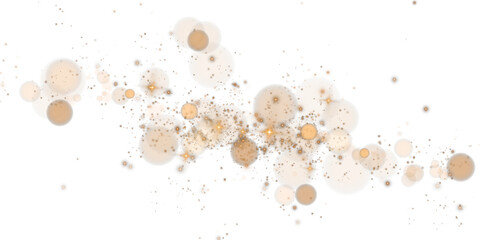 Glowing golden bokeh circles. Christmas background. Powder. Magic shining gold dust. Fine, shiny dust bokeh particles fall off slightly. Fantastic shimmer effect. PNG.