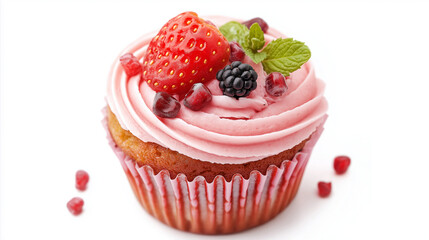 cupcake ,  muffin cake  with raspberries  and cream on white background