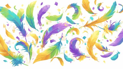 Fototapeta premium Colorful feathers and confetti falling, celebrating Mardi Gras