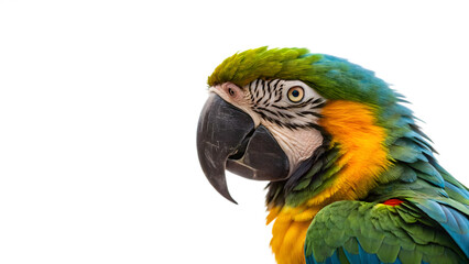 Fototapeta premium A colorful parrot, with green, red, and yellow feathers, is isolated on a white background
