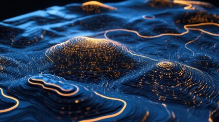 neural network visualization overlaid on 3d topographic map, glowing connection points, futuristic interface design with flowing data streams