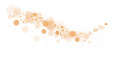 Glowing golden bokeh circles. Christmas background. Powder. Magic shining gold dust. Fine, shiny dust bokeh particles fall off slightly. Fantastic shimmer effect. PNG.