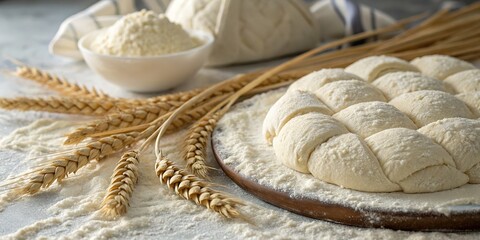 Freshly knitted wheat dough, artisan bread baking.  Close-up food photography.