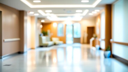 Fototapeta premium Abstract blur luxury hospital corridor. Blur clinic interior background with defocused effect. Healthcare and medical concept 