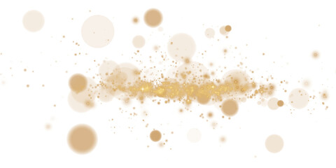 Glowing golden bokeh circles. Christmas background. Powder. Magic shining gold dust. Fine, shiny dust bokeh particles fall off slightly. Fantastic shimmer effect. PNG.
