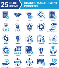 Change Management Process Icon Set Collection. Containing Plan, Deal, Ideas, Audit, Execution, Structure, Motivation, Skill, Failure, Change Management, Problem. Simple Blue Vector Illustration.
