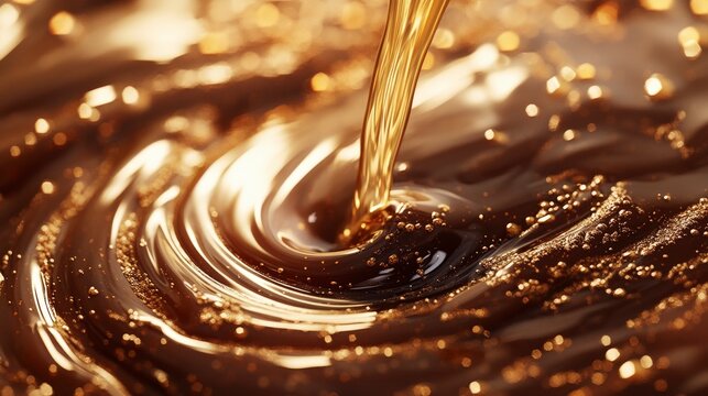 Golden liquid pouring into swirling chocolate surface creating a luxurious texture with sparkling accents