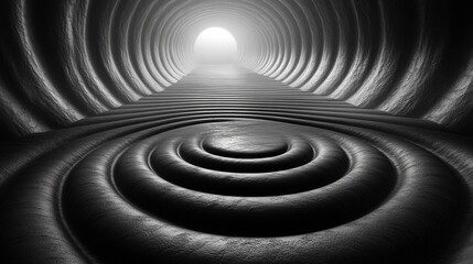Textured dark tunnel with concentric rings floor and bright distant light