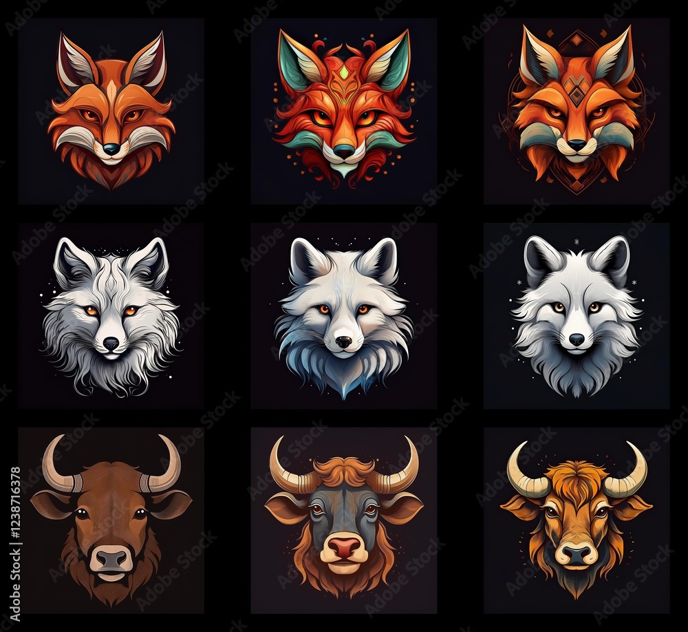 Poster a collection of stylized animal head illustrations. foxes in varying color palettes and a bull are d