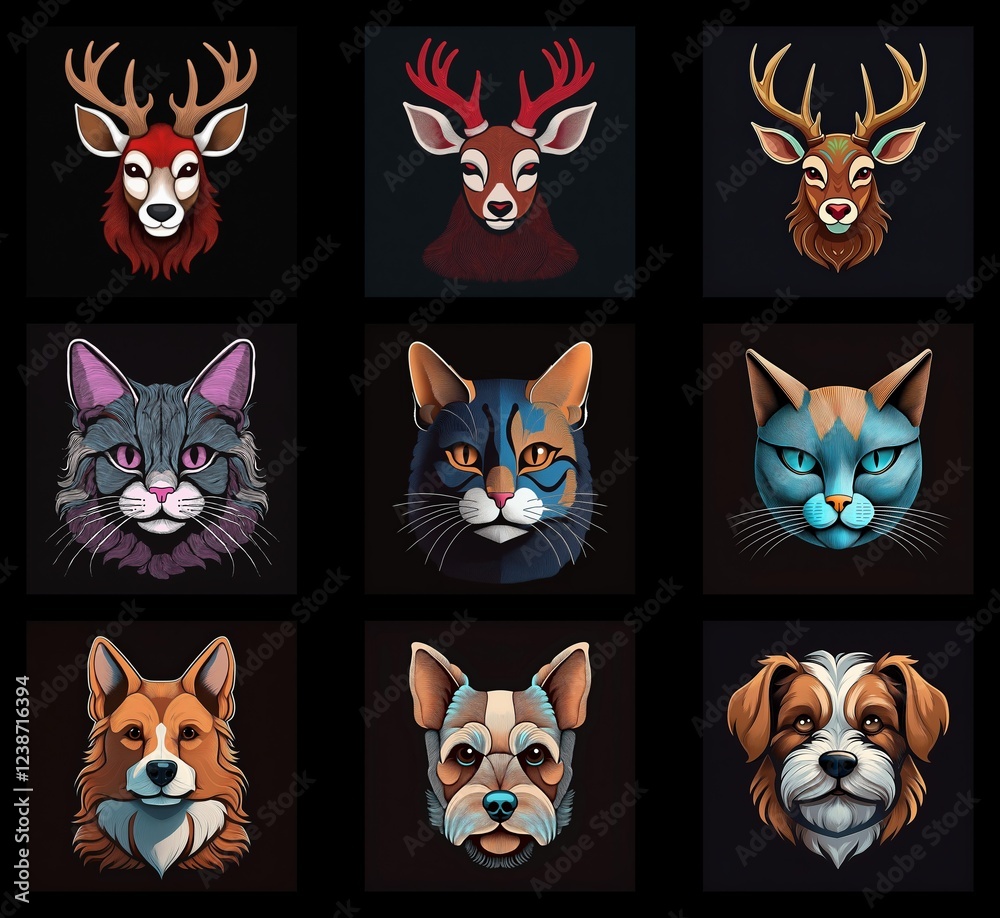 Poster a grid showcasing stylized portraits of deer and domestic pets. vibrant colors and simplified featur