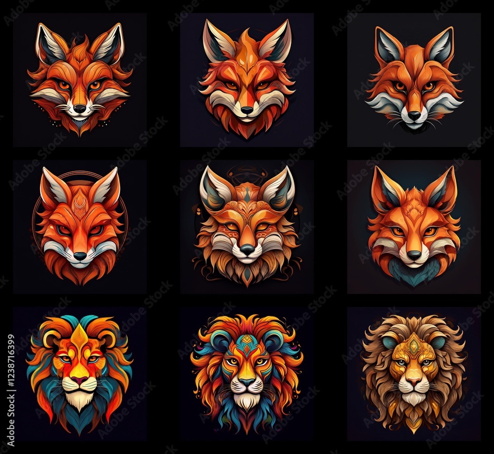 Poster nine vibrant, stylized animal portraits: three foxes and three lions. each head is depicted in a uni