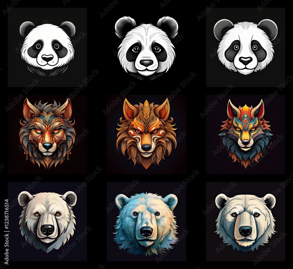 Poster nine stylized animal portraits: three pandas, three wolves, and three polar bears. each animal is de