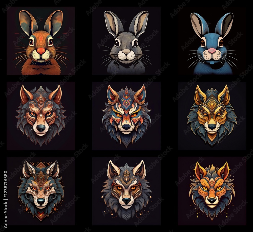 Poster nine stylized animal portraits: three rabbits and six wolves. each features intricate patterns and v