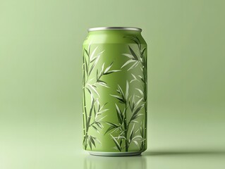 Eco-Conscious Aluminum Beverage Can Mockup with Bamboo Leaf Graphics and Sustainable Messaging