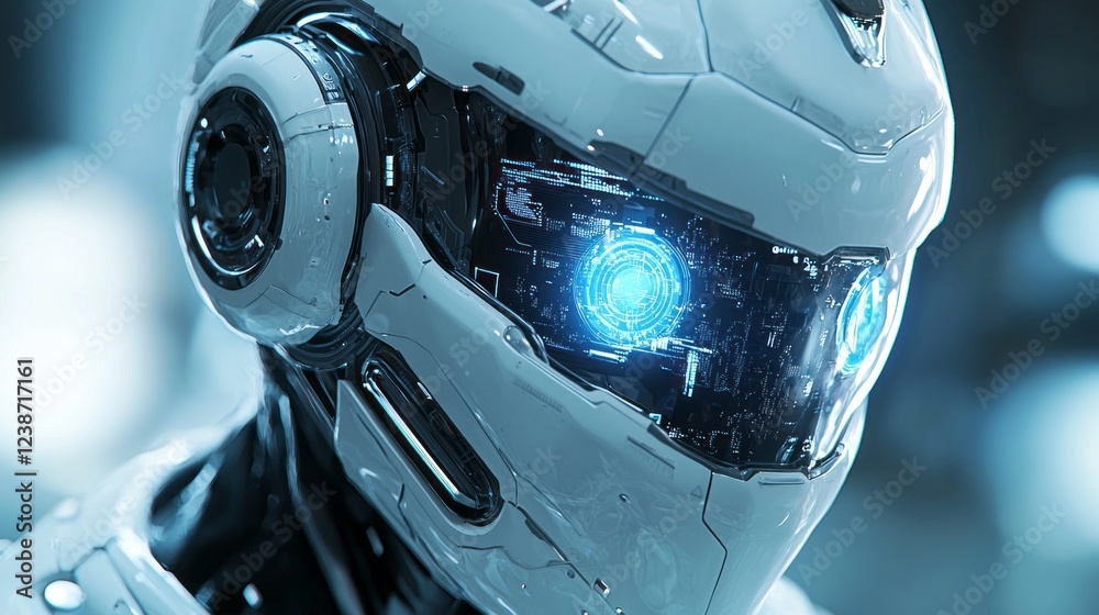 Aufkleber in a high-tech environment, a futuristic robot stands with its intricate details highlighted