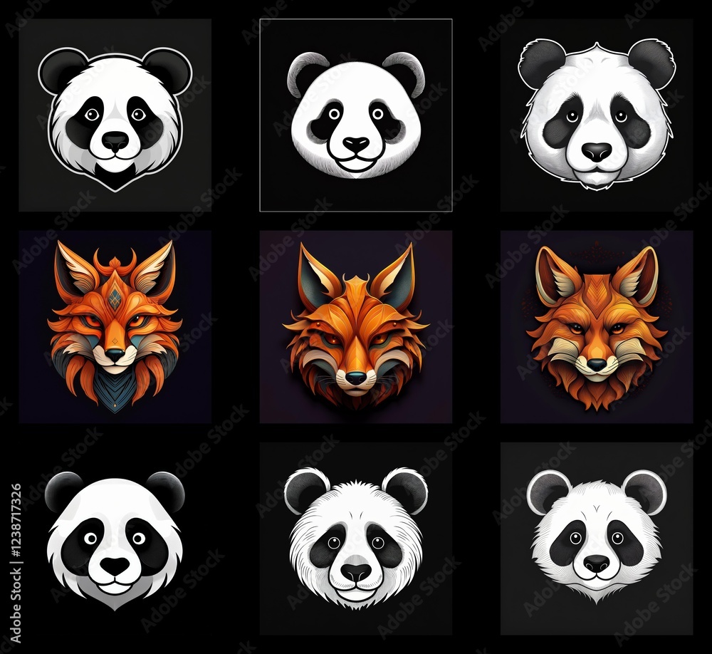 Aufkleber nine stylized animal portraits: three panda and three fox variations. each animal is depicted in dif