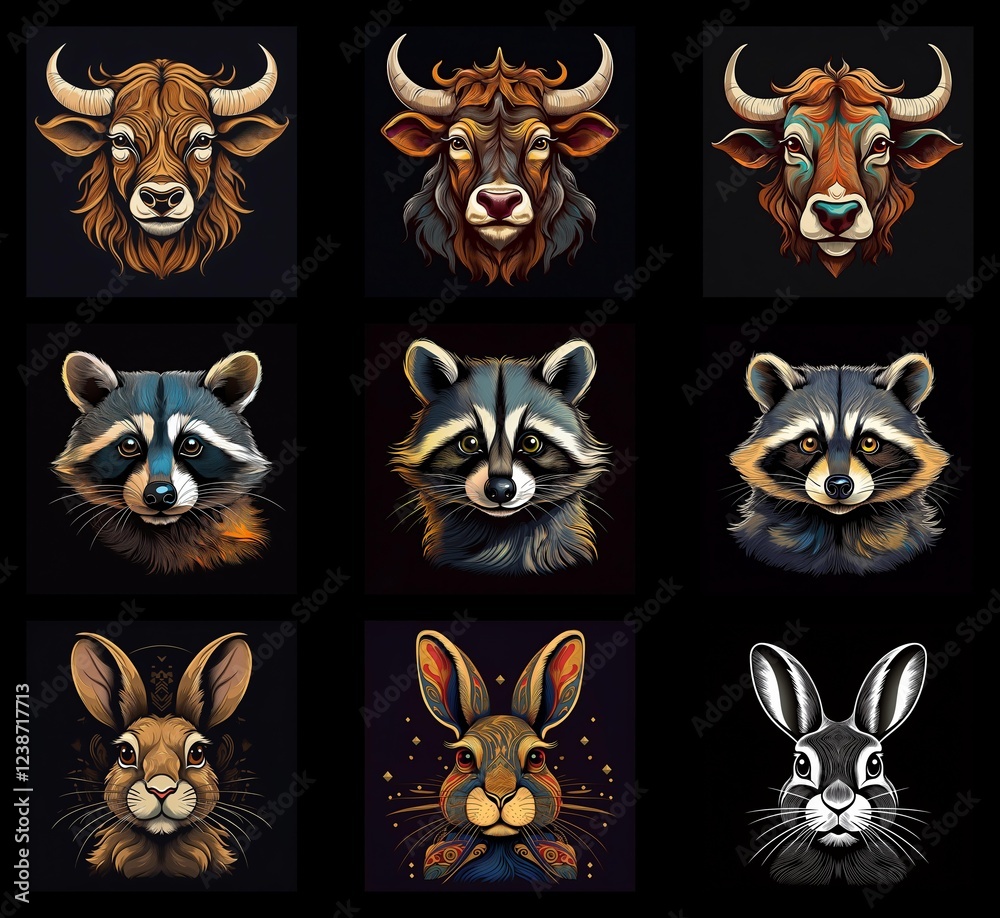 Poster a collection of detailed animal portraits: bulls and raccoons in variations of color and style, comp