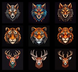 A collection of nine vibrant animal portraits.  Wolves, tigers, and deer are depicted in ornate, colorful styles against a dark background. Each animal head is unique and detailed.