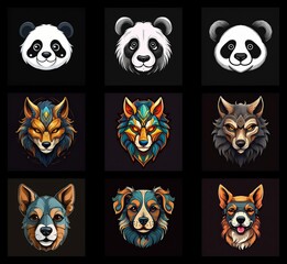 Nine vibrant animal portraits: three pandas, three wolves, and three dogs.  Each features a unique, stylized design with bold colors and intricate details.