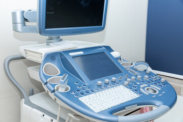 Ultrasound machine with sensor close-up. The sensor of the ultrasound machine in the doctor's...