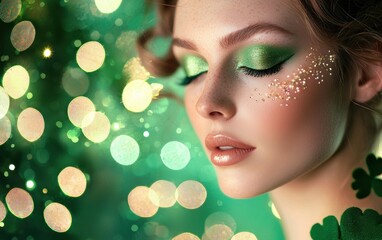 Fototapeta premium Glamorous woman with shimmering emerald green eyeshadow, luminous gold accents on her cheeks, and a stylish green outfit, set against a dreamy Saint Patricks Day backdrop 