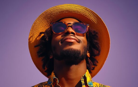A man wearing a yellow hat and sunglasses is smiling