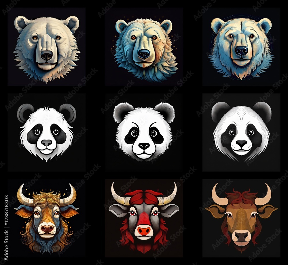Poster nine stylized animal portraits: three polar bears in varying color palettes, three pandas, and three