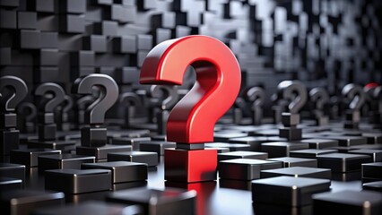 A prominent red question mark stands out amongst numerous black question marks, all positioned atop a field of dark cubic blocks.