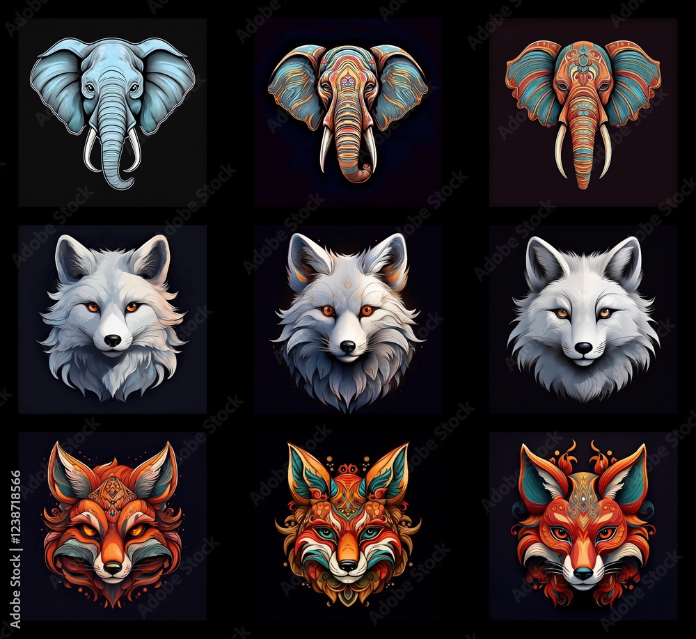 Poster nine digital illustrations showcasing elephant and fox head portraits. three styles are presented fo