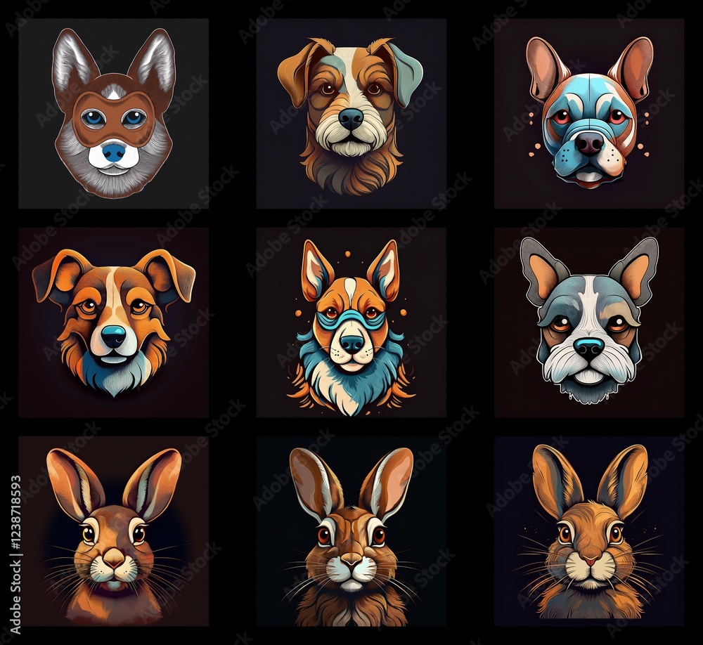 Poster a collection of stylized animal portraits. dogs of various breeds and rabbits are depicted with a co