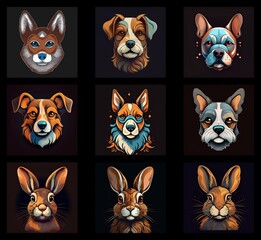 A collection of stylized animal portraits.  Dogs of various breeds and rabbits are depicted with a consistent color palette and artistic style.  Each portrait is a close-up of the animal's head, prese