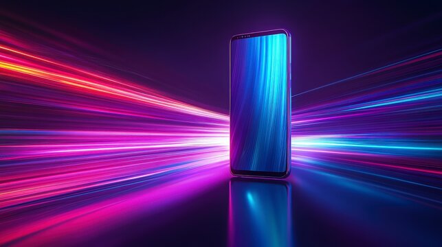 Futuristic smartphone with vibrant glowing light streaks on a dark background technology digital device - Powered by Adobe