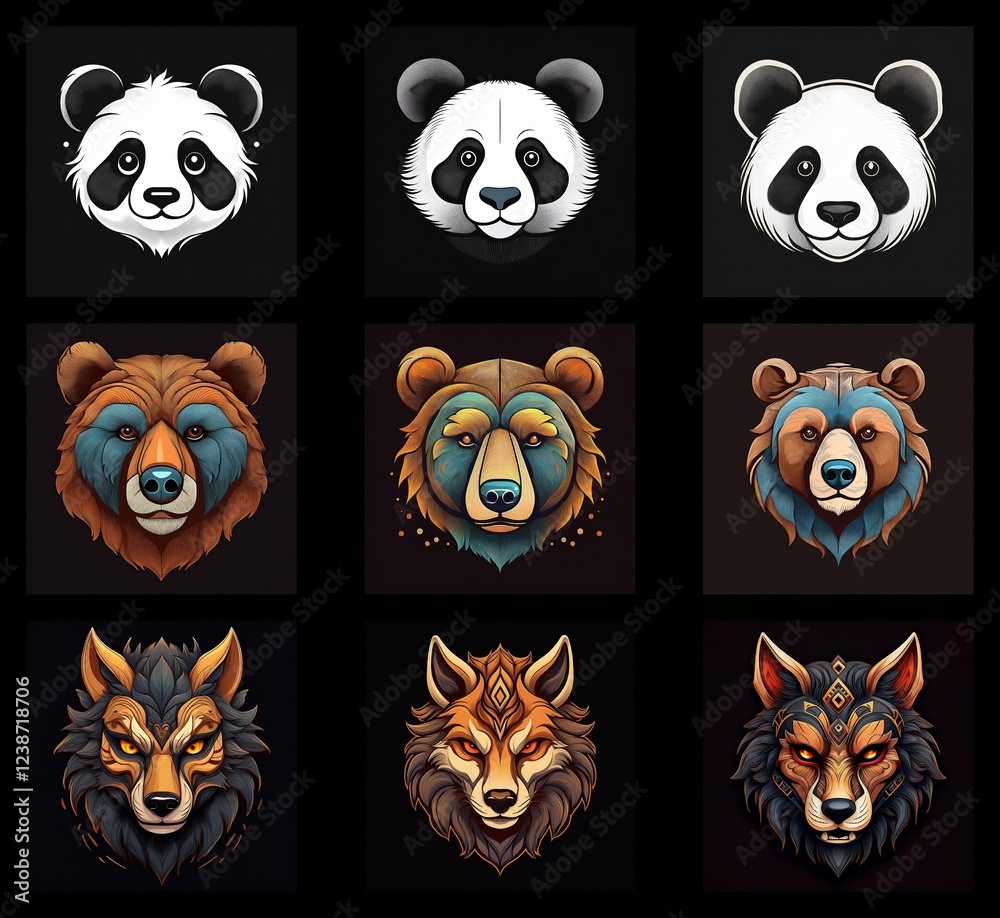 Poster nine stylized animal heads: panda, bear, and wolf, in varying color palettes. each animal is depicte