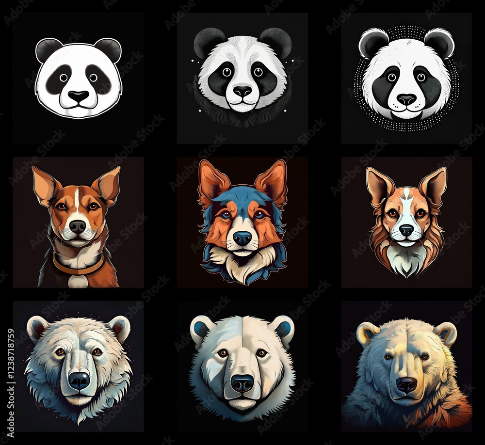 Poster a collection of nine animal portraits: pandas, dogs, and polar bears. each animal is depicted in thr